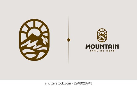 Mountain and Sun Rays, Mount Peak Hill Nature Landscape view for Adventure Outdoor logo template