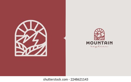 Mountain and Sun Rays, Mount Peak Hill Nature Landscape view for Adventure Outdoor logo template