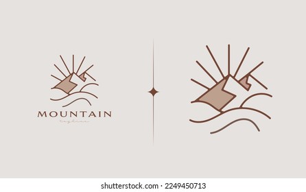 Mountain and Sun Rays, Mount Peak Hill Nature Landscape view for Adventure Outdoor logo template