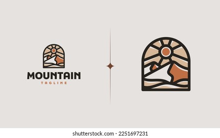 Mountain and Sun Rays, Mount Peak Hill Nature Landscape view for Adventure Outdoor logo template