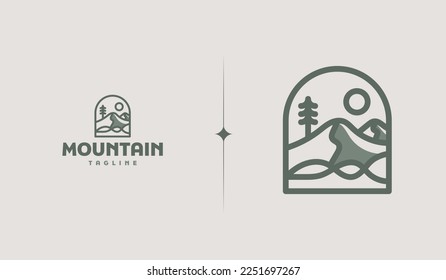 Mountain and Sun Rays, Mount Peak Hill Nature Landscape view for Adventure Outdoor logo template