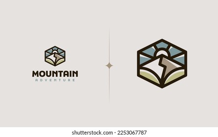 Mountain and Sun Rays, Mount Peak Hill Nature Landscape view for Adventure Outdoor logo template
