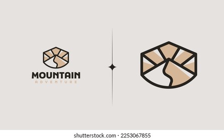 Mountain and Sun Rays, Mount Peak Hill Nature Landscape view for Adventure Outdoor logo template