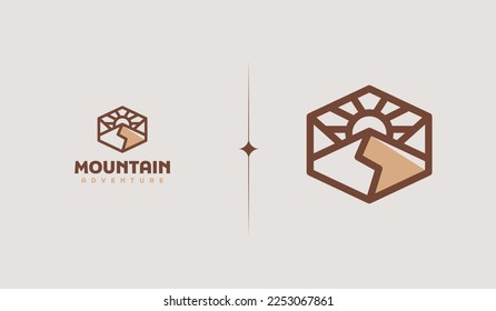 Mountain and Sun Rays, Mount Peak Hill Nature Landscape view for Adventure Outdoor logo template