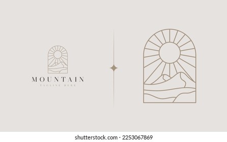 Mountain and Sun Rays, Mount Peak Hill Nature Landscape view for Adventure Outdoor logo template