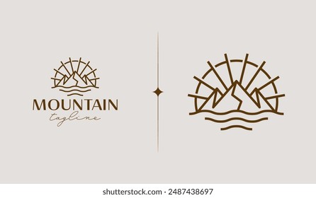 Mountain and Sun Rays, Mount Peak Hill Nature Landscape view for Adventure Outdoor logo template