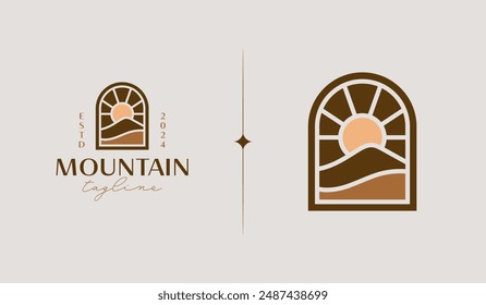 Mountain and Sun Rays, Mount Peak Hill Nature Landscape view for Adventure Outdoor logo template