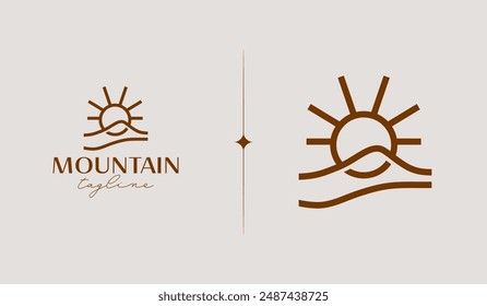 Berg- und Sonnenstrahlen, Mount Peak Hill Natur Landschaftsansicht für Abenteuer Outdoor-Logo Vorlage