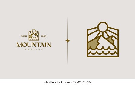 Mountain Sun Rays Seaside Logo Template. Universal creative premium symbol. Vector illustration