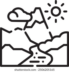 Mountain and sun, representing nature or outdoor activities. Mountain and sun icon representing nature, outdoor activities, and scenic landscapes. EPS