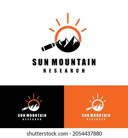 mountain sun and research logo concept design vector