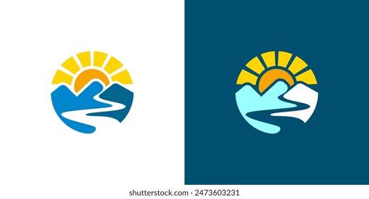 Mountain sun river in circle icon logo vector landscape illustration