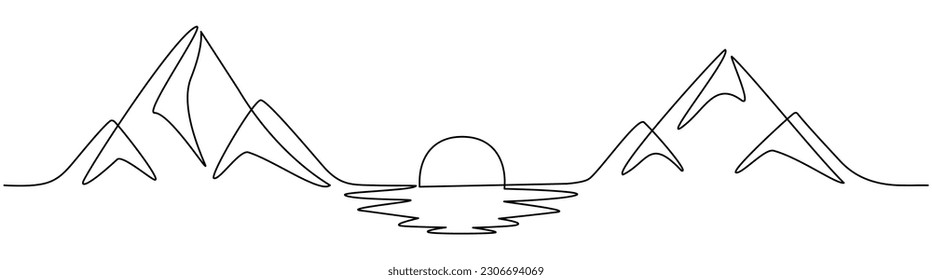 Mountain with sun and sea continuous one line drawn. Mountains sunset linear concept. Vector illustration isolated on white.