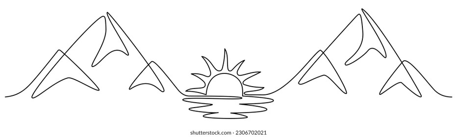 Mountain with sun and sea continuous one line drawn. Mountains sunset linear concept. Vector illustration isolated on white.