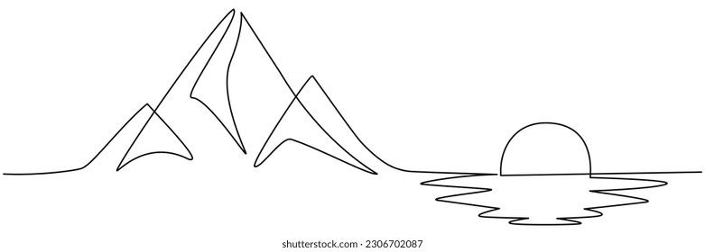 Mountain with sun and sea continuous one line drawn. Mountains sunset linear concept. Vector illustration isolated on white.