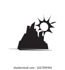 Silueta de montaña y sol. Adecuado para Scout, viajar, hacer caminatas, aventuras y acampar iconos, símbolos, logos y emblemas. Ilustración vectorial de la montaña solar.