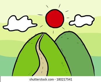 mountain sun sky and cloud / cartoon vector and illustration, hand drawn style, isolated on white background.