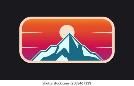 A mountain with the sun in the sky. The mountain is surrounded by a border of sunset silhouettes. Can be used for t-shirt designs, backgrounds, and other uses.