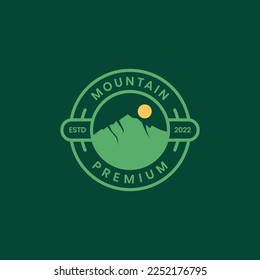 mountain and sun sunset outdoor panoramic nature badge circle vintage logo design vector icon illustration template