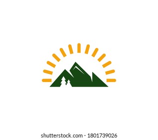 Mountain sun tree logo vector icon 