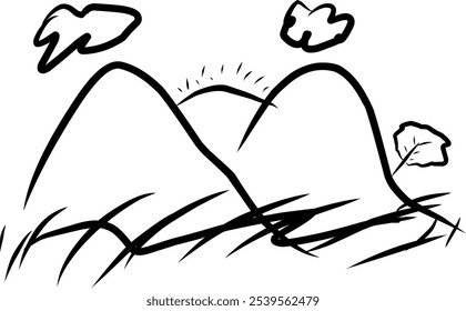 berg und sonne vektor design illustration im doodle stil, handgezeichnet sonnenuntergang.