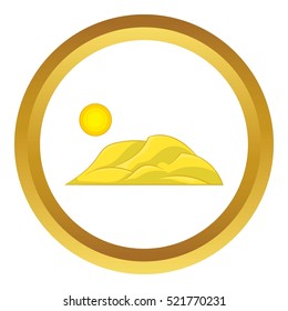 Mountain and the sun vector icon in golden circle, cartoon style isolated on white background