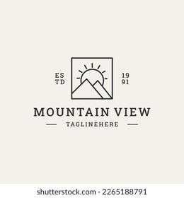 mountain and sun views. Modern outline design illustration of a sun and mountain view on a lake.