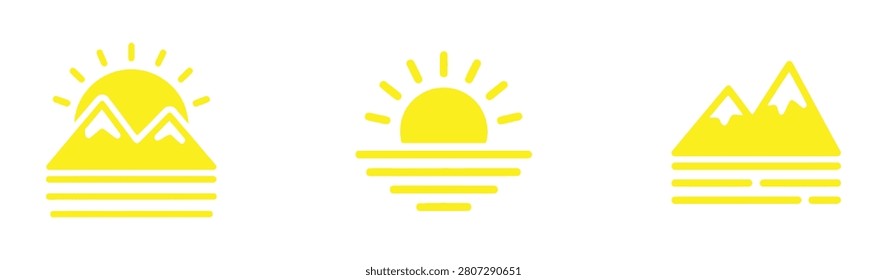 Mountain, Sun, and Water Landscape Icon Set in Different Styles. Mountain Sunrise Icons, Minimalist Landscape Vector Set, Sun Over Peaks, Water Waves. Yellow mountain icons with sun and waves.