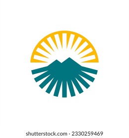 montaña y arroz solar en círculo logo vector editable