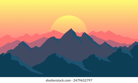 Mountain sunrise illustration. Vector background in flat style