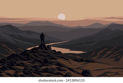 Mountain sunrise landscape with a hiker standing on the rock