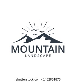 mountain sunrise landscape logo, flat style, summit vector illustration, modern peak/hill design