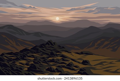 Mountain sunrise landscape with rocks on the hill