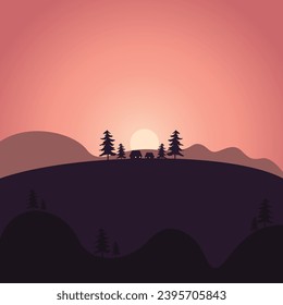Mountain Sunrise Landscape Silhouette Illustration with Pine Tree