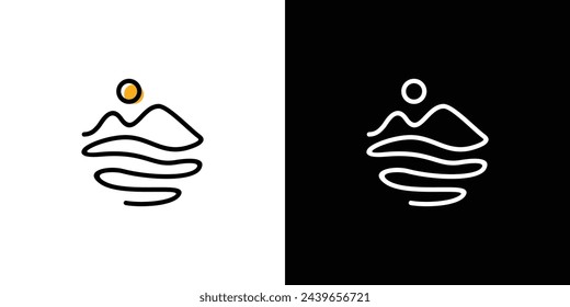 Diseño de Logo de Mountain Sunrise. Montaña Simple, Ondas de Agua y Sol Concepto de Combinación con Lineart, Contorno, Estilo Minimalista. Icono Símbolo Logo Diseño Inspiración.