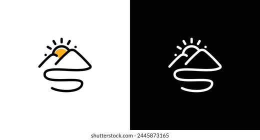Diseño de Logo de Mountain Sunrise. Montaña Simple, Ondas de Agua y Sol Concepto de Combinación con Lineart, Estilo de Contorno. Inspiración de diseño de símbolo de logotipo al aire libre.