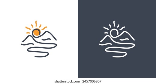Mountain Sunrise Logo Design. Simple Mountain, Water Waves and Sun Combination Concept with Lineart, Outline, Minimalist Style. Icon Symbol Logo Design Inspiration.