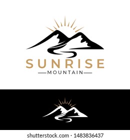 mountain sunrise logo, flat design style, peak/hill landscape vector illustration, park/outdoor symbol, sport adventure icon