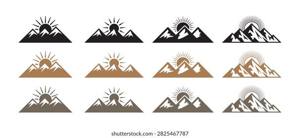 Mountain Sunrise Logo Set, Sun Over Mountain Peaks, Outdoor Adventure, Nature Landscape and Travel Emblem Vector Collection.