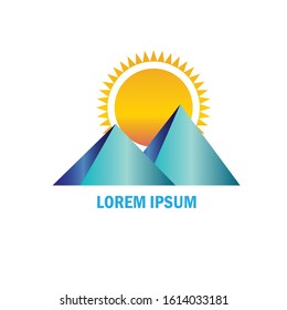 a mountain and sunrise logo vector illustration. winter and sun symbol icon.