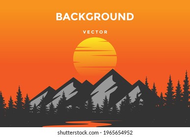 Mountain Sunrise Sunset Landscape with Pine Cedar Spruce Conifer Fir Evergreen Hemlock Larch Cypress Trees Forest and Lake River Creek , Morning Panorama Background. Vector Illustration