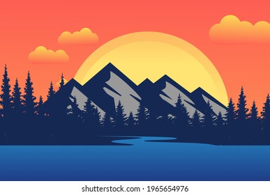 Mountain Sunrise Sunset Landscape with Pine Cedar Spruce Conifer Fir Evergreen Hemlock Larch Cypress Trees Forest and Lake River Creek , Morning Panorama Background. Vector Illustration