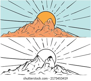 Diseño de la huella vectorial de Mountain Sunrise. Diseño de camisetas de colinas. Dibujo manual de arte gráfico de montaña para ropa, pegatinas, afiches, fondo y otros.