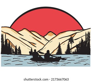 Mountain sunrise vector print design. Kayaking vector print design. kayak training illustration t-shirt design. Kayak trip artwork.