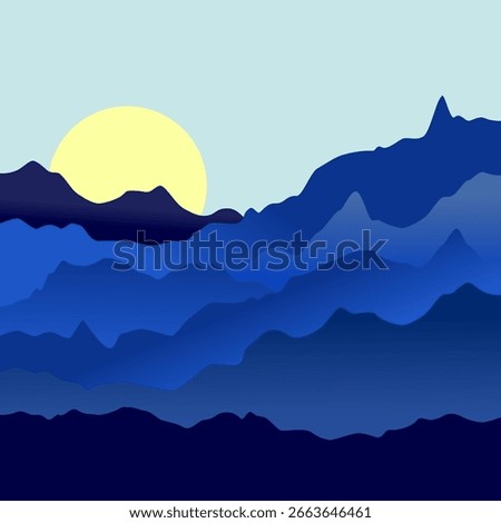 Mountain sunrise view. Blue landscape vector. Layered hill silhouette. Nature morning emblem. EPS 10.
