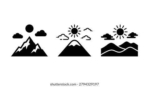 Mountain and sunscape silhouettes a set of three black vector icons on a white background