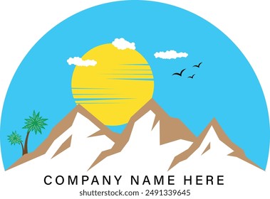 Mountain and sunset amazing art, sunset bird and cloud logo, sunset and mountain logo.