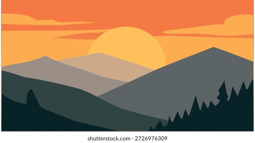Mountain sunset in flat style for scenic nature background. Great for travel posters, inspirational design, web headers, and digital art.