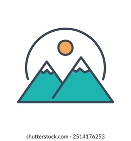 Mountain sunset icon. Colorful icon of two mountains with a sun setting behind them. Perfect for travel, nature, or outdoor-themed designs.