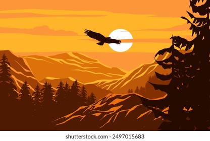 Mountain sunset illustration with flying eagle